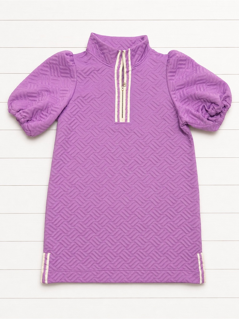 Lavender Quilted Puff-Sleeve Midi Dress with Contrast Trim